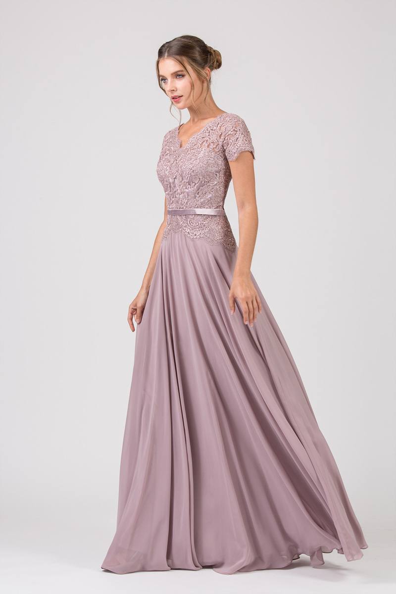 Mauve lace bodice A-line maxi dress with short sleeves and waist belt
