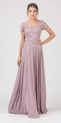Mocha lace bodice A-line long dress, short sleeves, waist belt