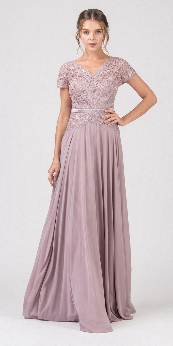 Mocha lace bodice A-line long dress, short sleeves, waist belt