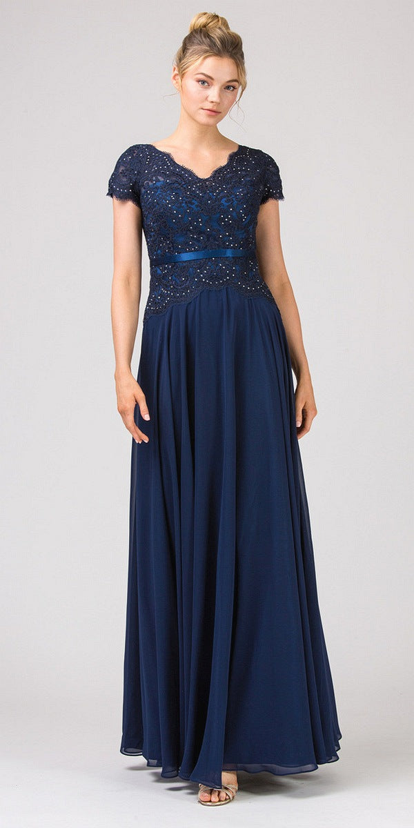Navy lace bodice A-line maxi dress with short sleeves and waist belt