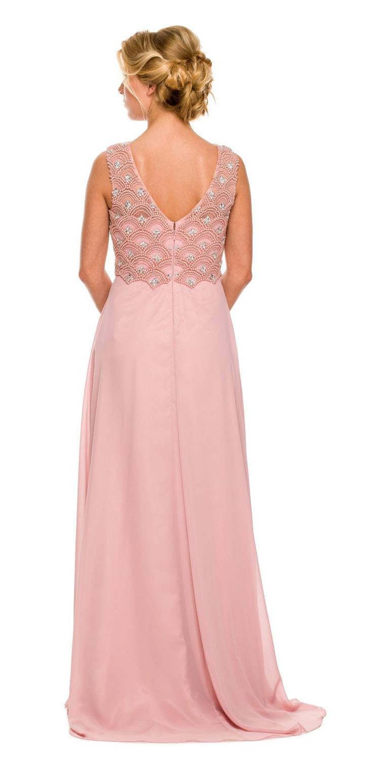 Floor-length chiffon formal gown with cap sleeves, open back, beaded bodice