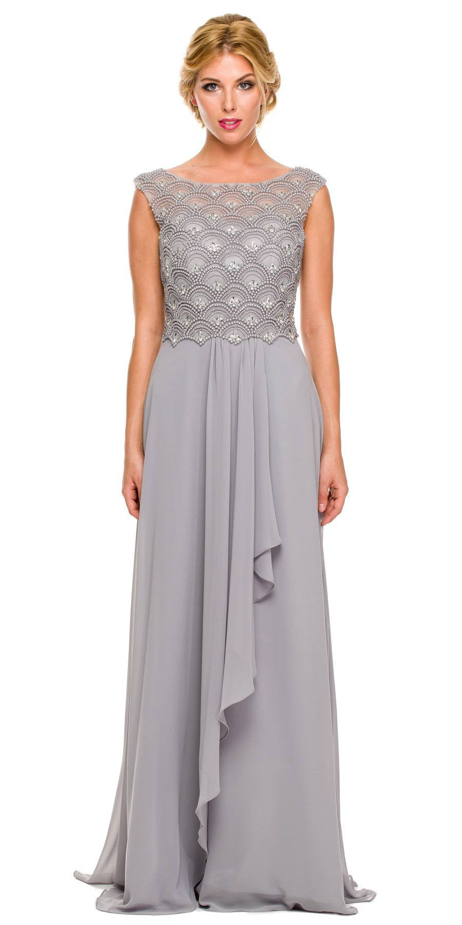 Floor-length chiffon formal gown, cap sleeves, draped skirt, beaded neckline