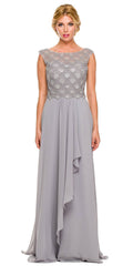 Floor-length chiffon formal gown, cap sleeves, draped skirt, beaded neckline