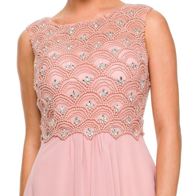 Chiffon formal gown bodice close-up with beaded swirl pattern and V neckline