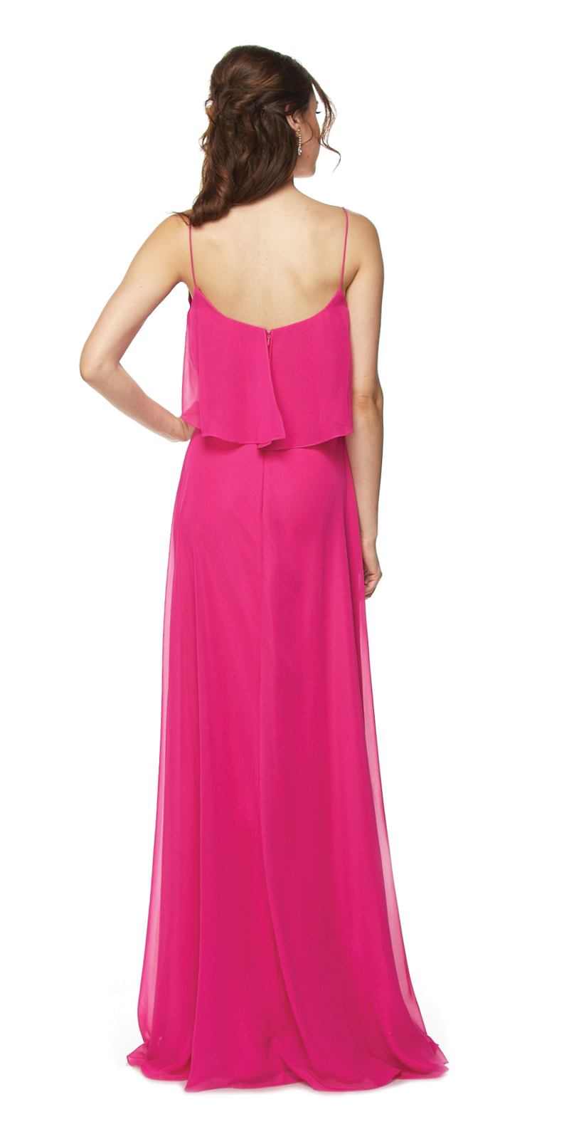 Fuchsia long bridesmaid dress with ruffled back bodice and spaghetti straps