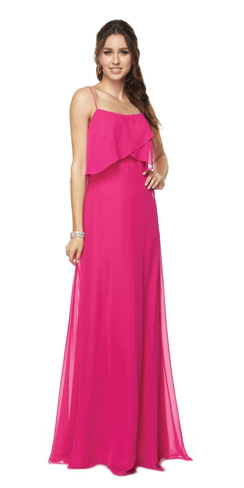 Fuchsia long bridesmaid dress with ruffled bodice, spaghetti straps, flowing skirt