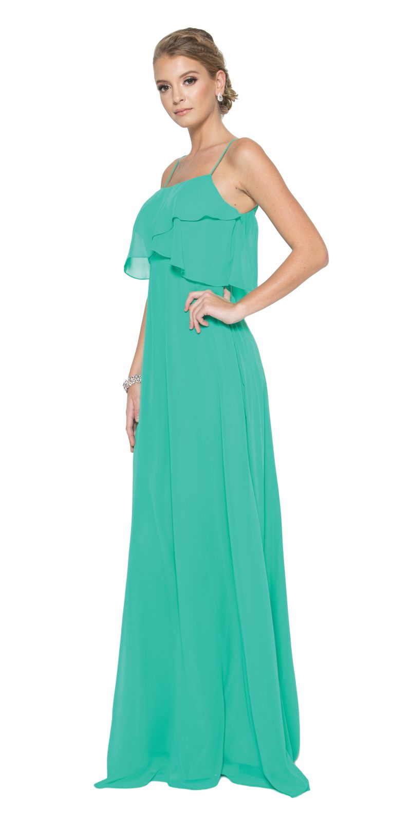Kelly green long bridesmaid dress with ruffled bodice and spaghetti straps, side view