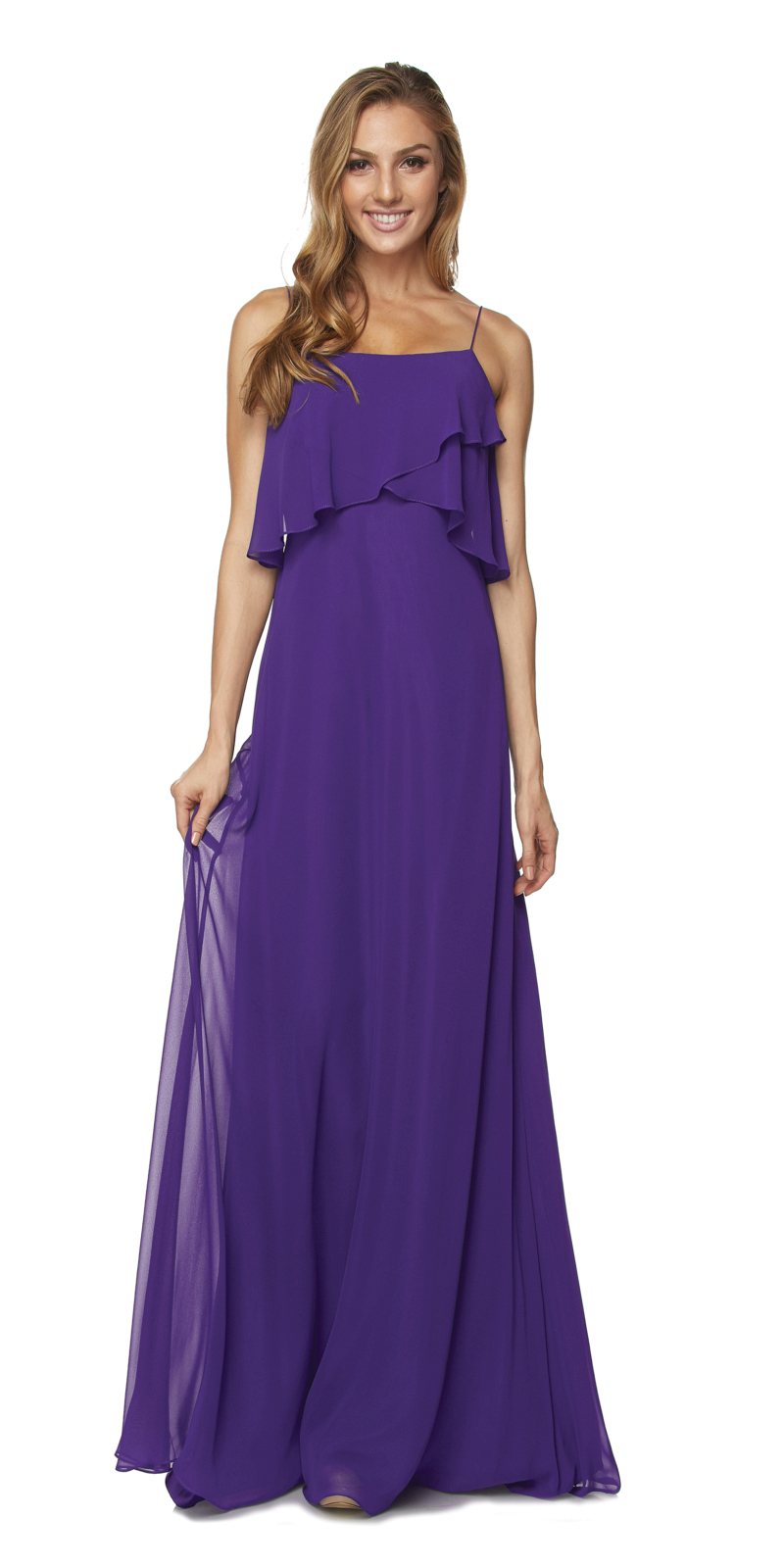 Purple long bridesmaid dress with tiered ruffle bodice and spaghetti straps, full length
