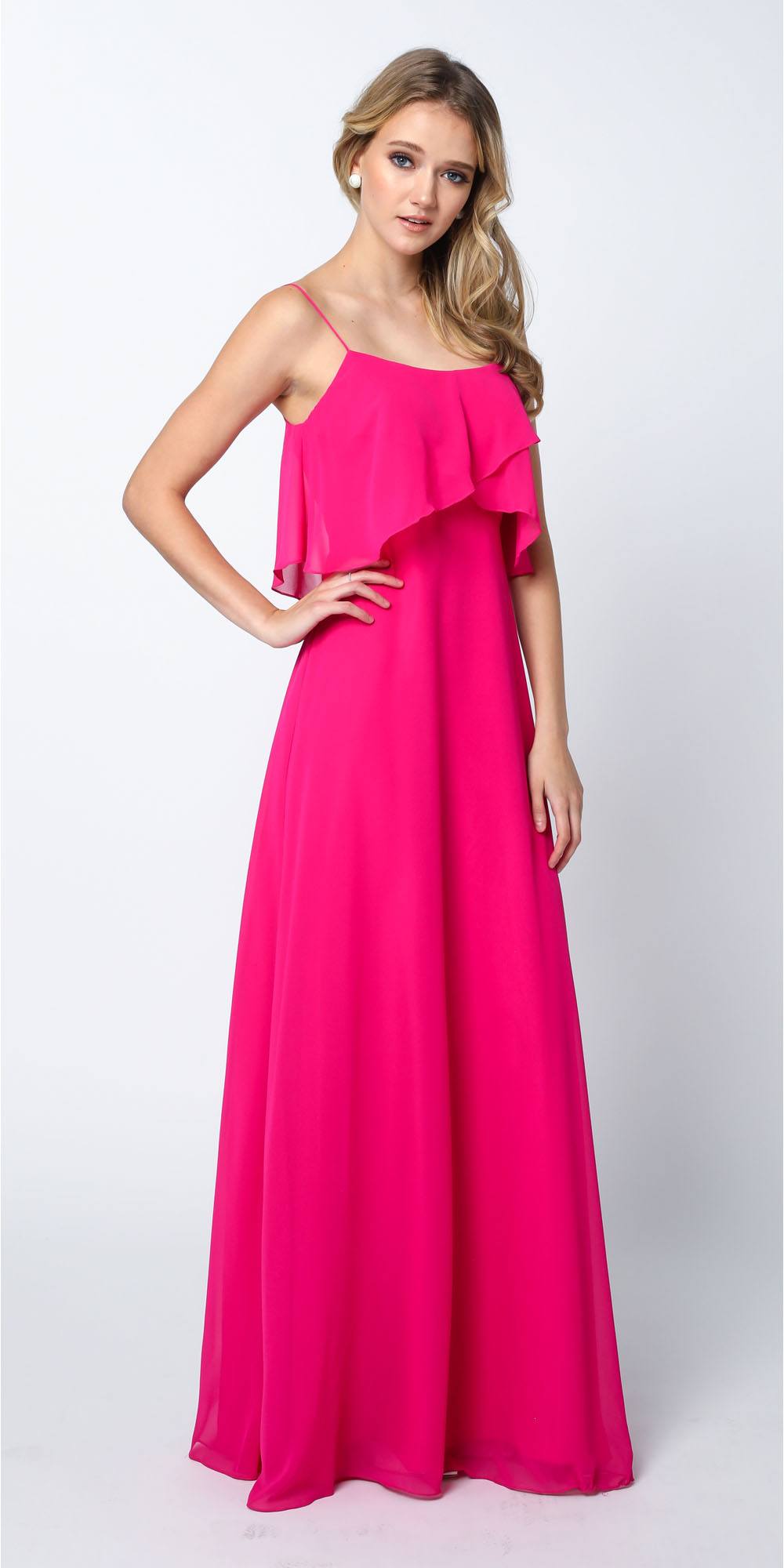 Fuchsia long bridesmaid dress with layered ruffle bodice and spaghetti straps, front view