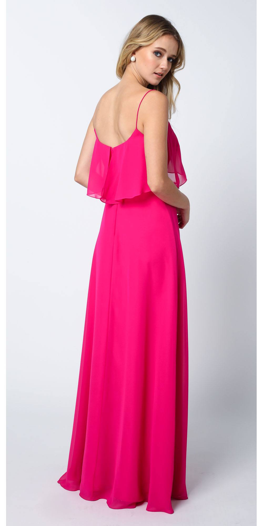 Fuchsia long bridesmaid dress with ruffled bodice and spaghetti straps, back-leaning pose