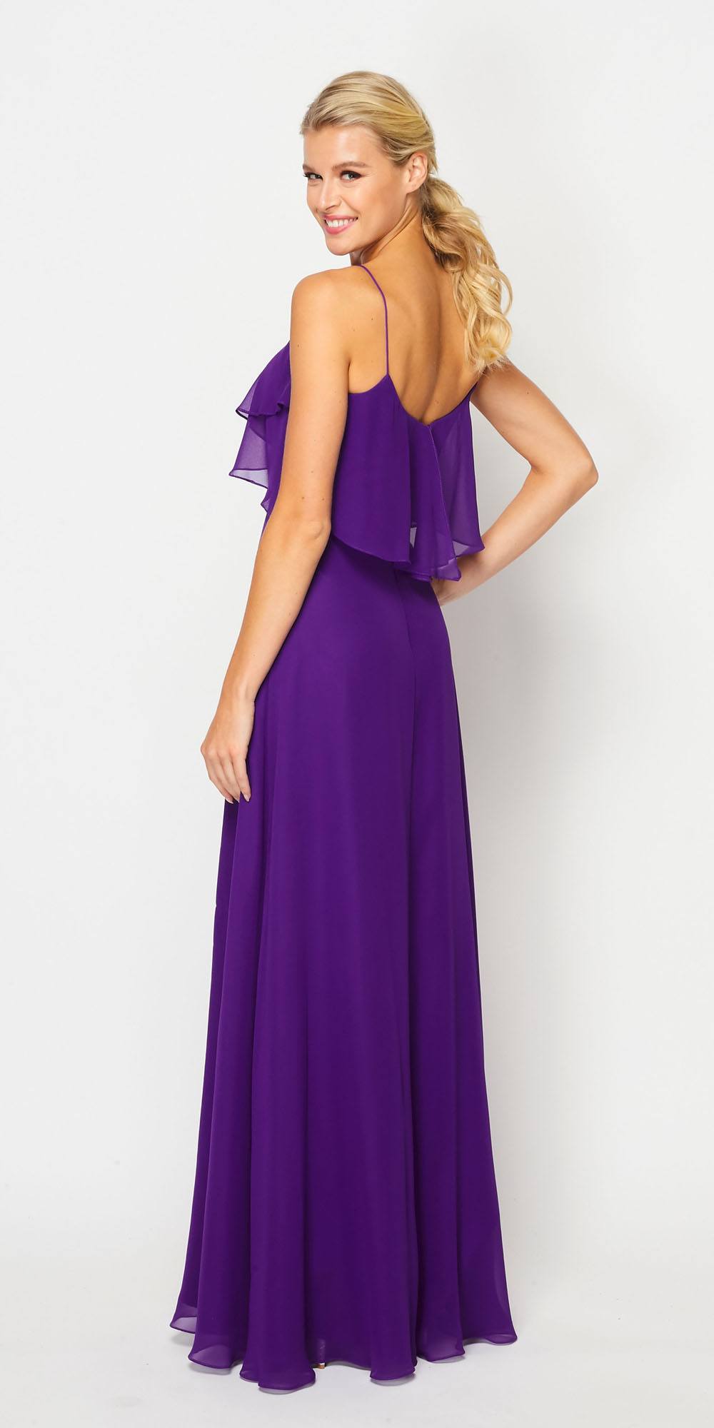 Purple long bridesmaid dress with layered ruffle bodice and thin spaghetti straps