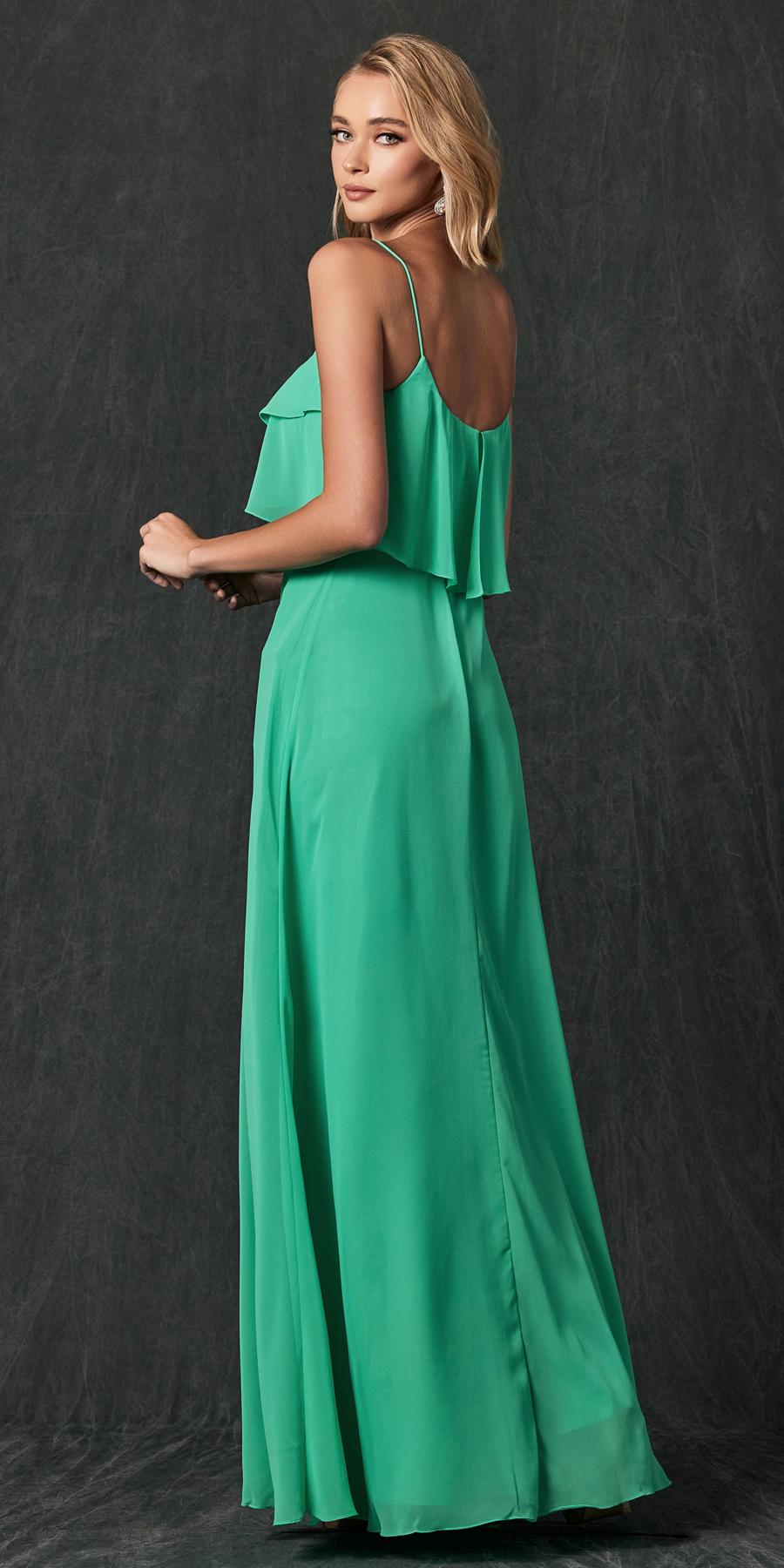 Kelly green long bridesmaid dress with ruffled bodice and thin spaghetti straps