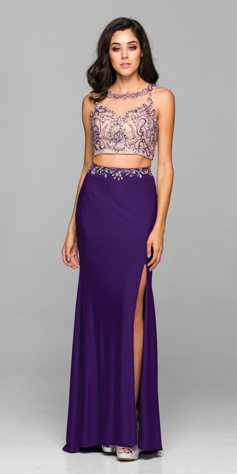 Dark purple sleeveless two-piece dress with beaded illusion neckline and front-slit skirt