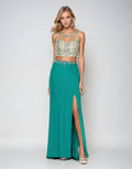 Teal sleeveless two-piece dress with beaded illusion neckline and front-slit maxi skirt