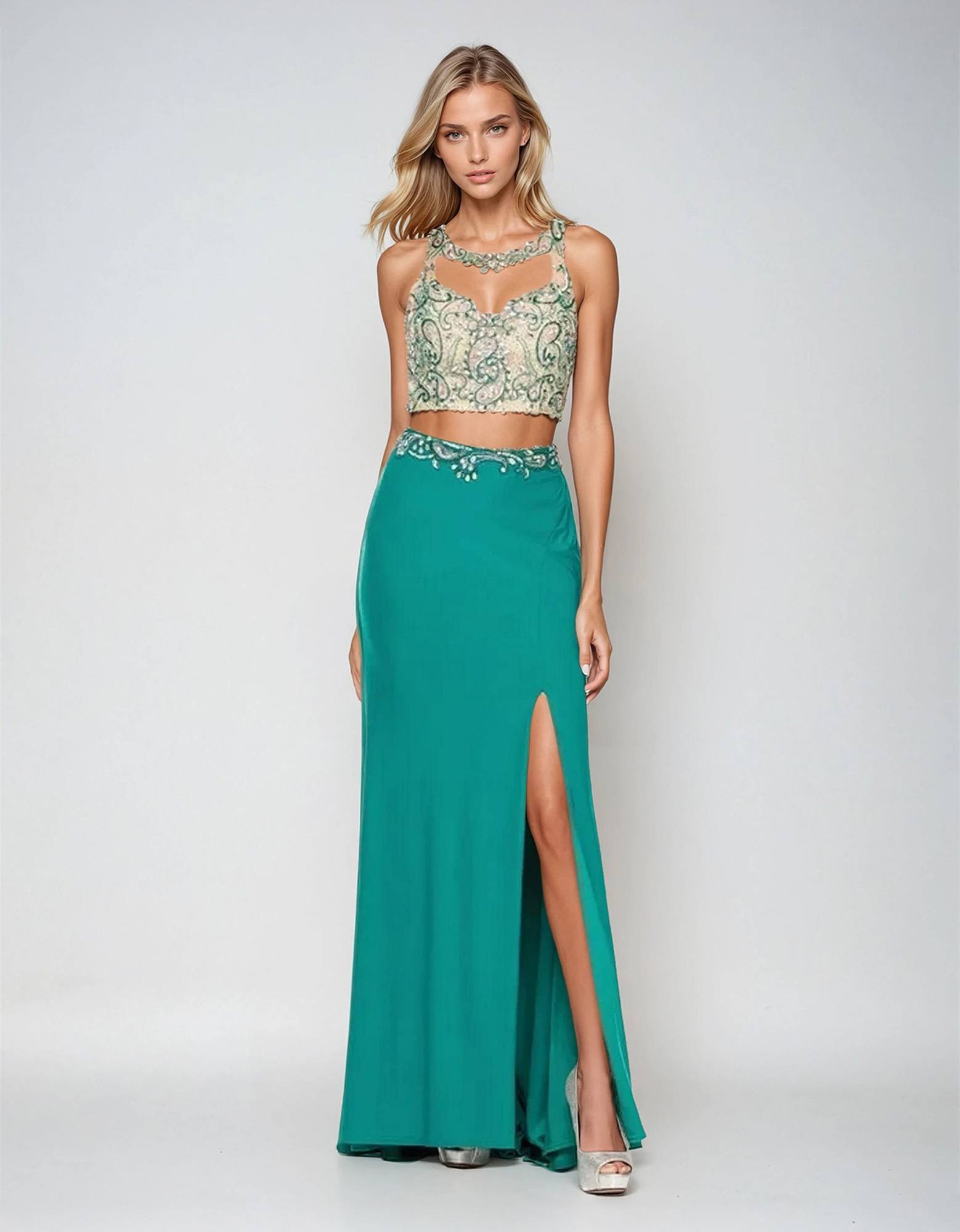 Teal sleeveless two-piece dress with beaded illusion neckline and front-slit maxi skirt