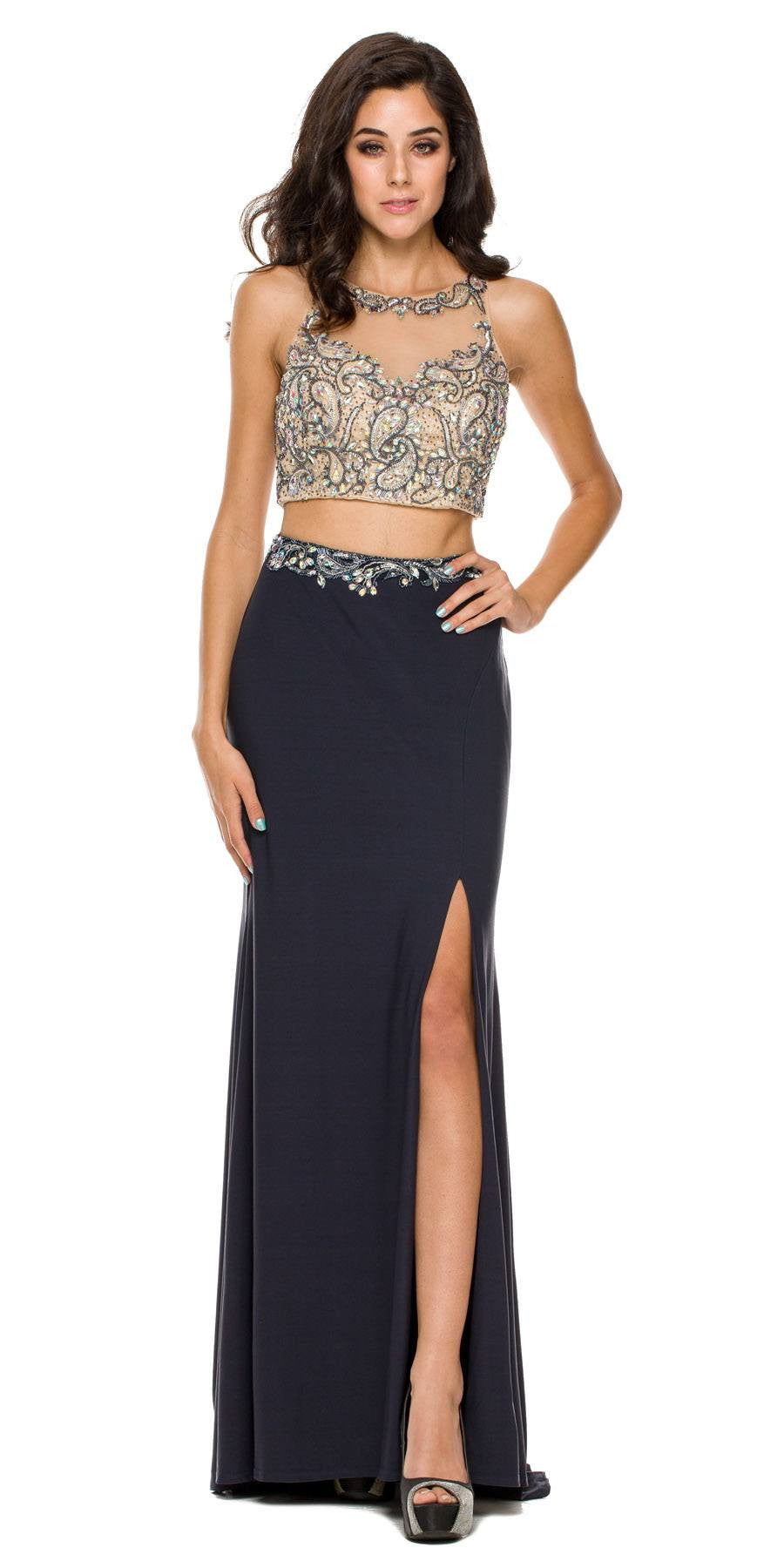 Charcoal sleeveless two-piece dress with beaded bodice detail and front-slit maxi skirt