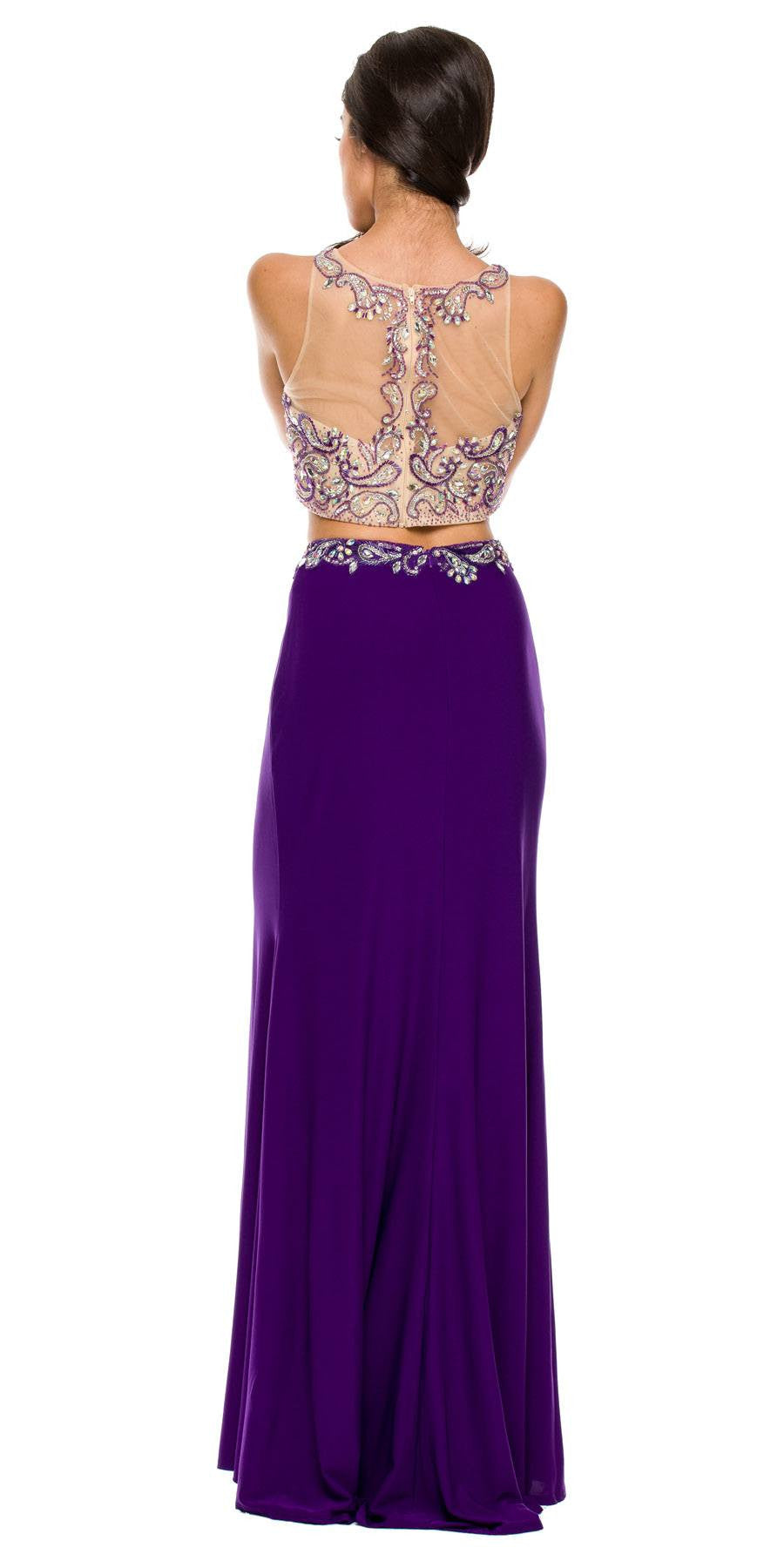 Dark purple two-piece gown, beaded illusion back neckline and front-slit maxi skirt