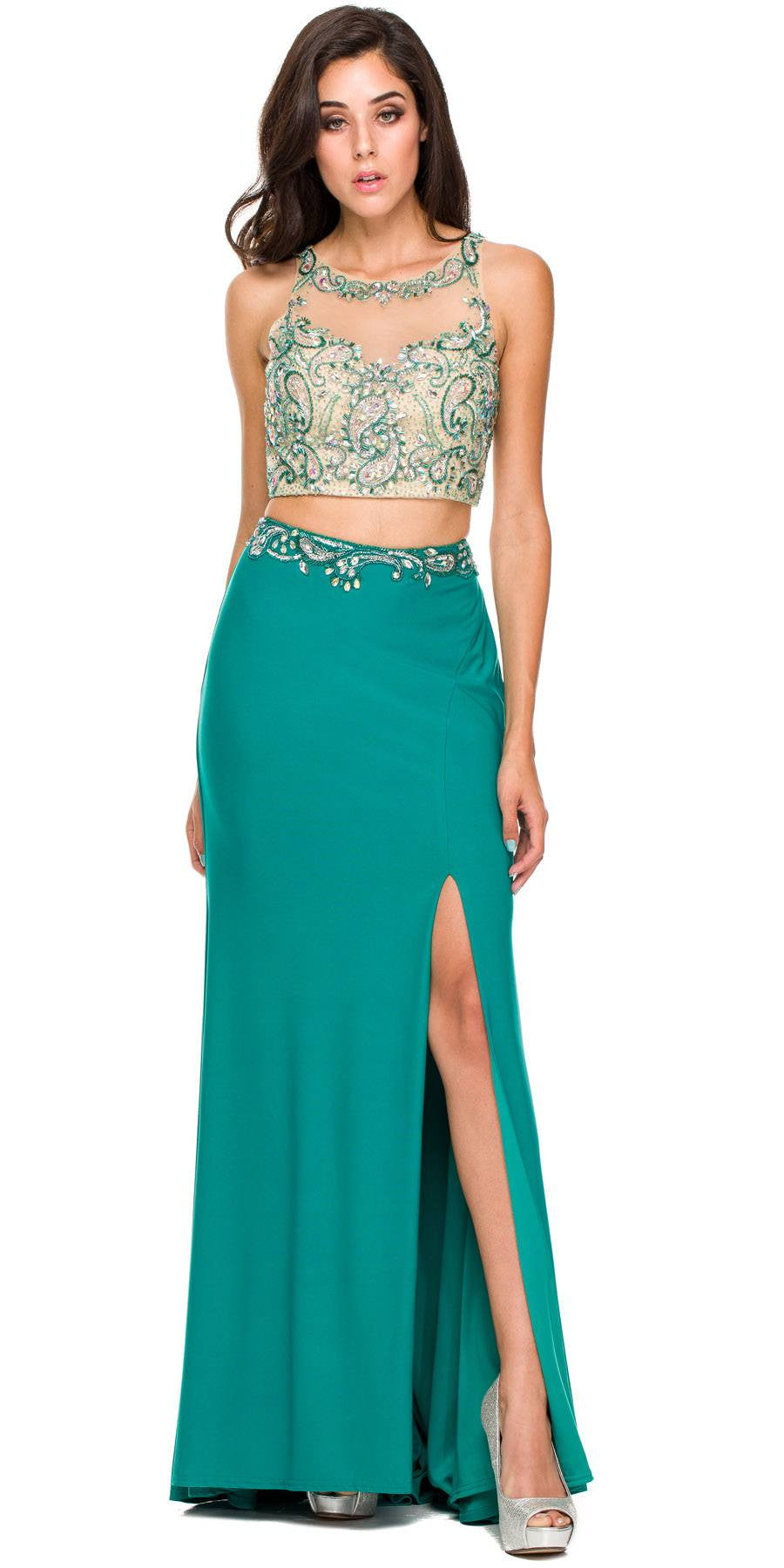 Teal two-piece gown with ornate beaded cropped top, illusion neckline, front-slit skirt