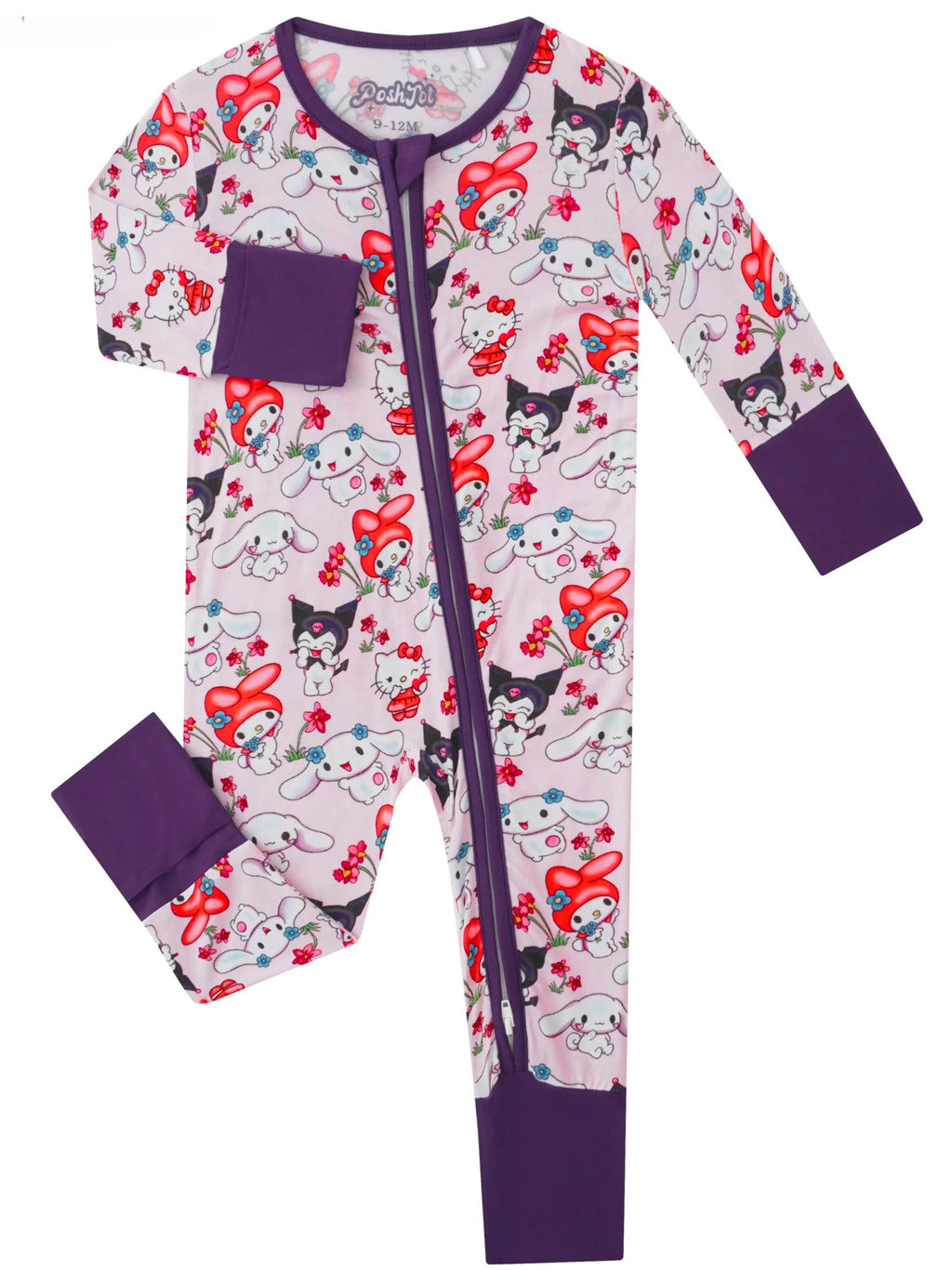 Baby zippy romper with red/white character print and purple trim