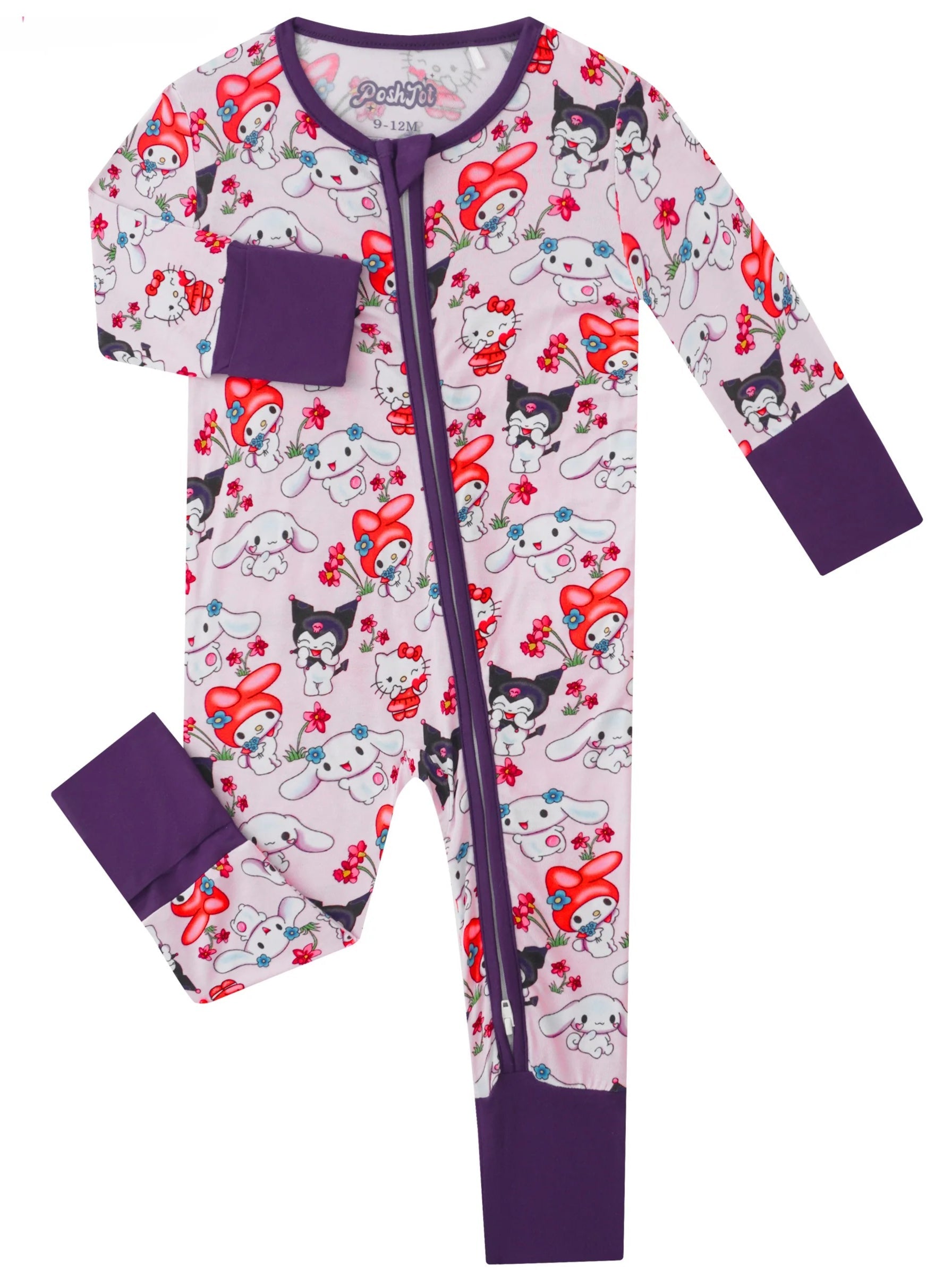 Baby zippy romper with red/white character print and purple trim