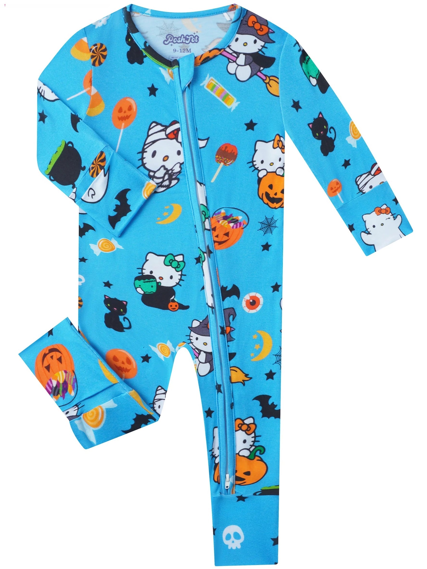 Blue baby bamboo romper with front 2-way zipper and Hello Kitty Halloween print