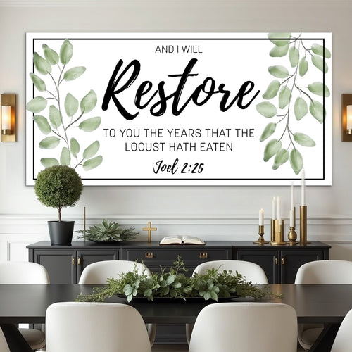 Faith sign wall art with green leaves and text “Restore,” “Joel 2:25”