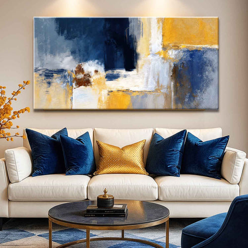 Abstract geometric lines wall art canvas with blue, white, and gold block accents
