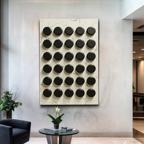 Abstract minimalist wall art with black circular relief shapes on light marbled background