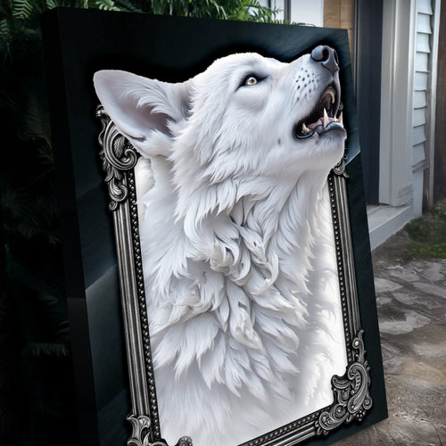 3D wolf wall art with white wolf head, open mouth, ornate dark frame