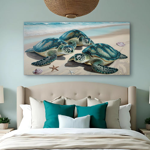 Sea turtle coastal wall art canvas with three turtles on beach sand and shells