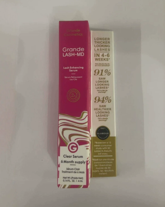 Grande LASH-MD lash enhancing serum, clear serum bottle with pink label