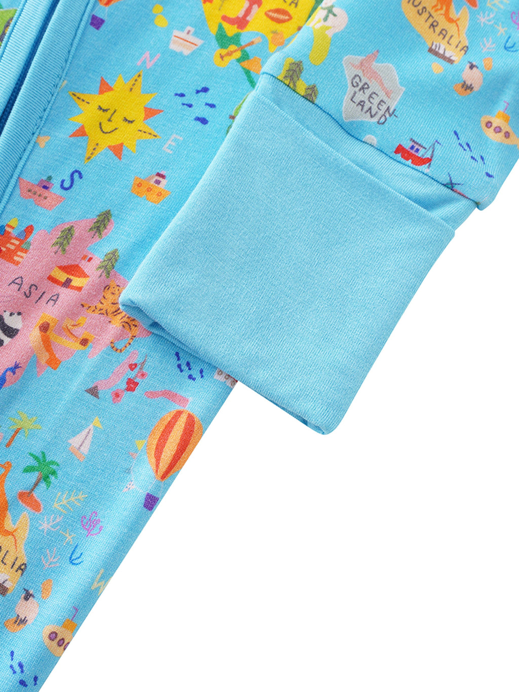 Baby bamboo romper with solid light blue leg cuffs and world map animal print
