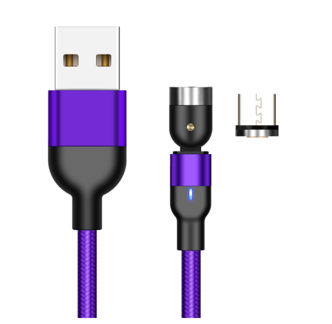 Purple magnetic charging cable set with USB-A connector and blue LED, dual tips