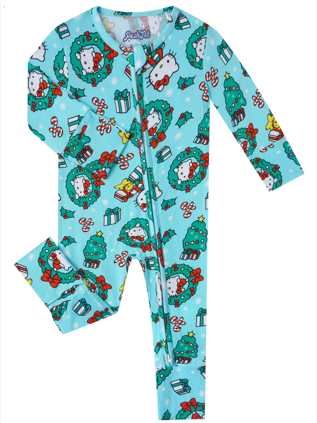 Baby convertible zippy romper, light blue with festive animal wreath print and footed legs