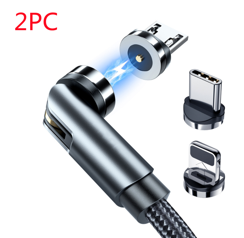 Magnetic rotating charging cable with silver USB head, black braided cord, and spare connectors