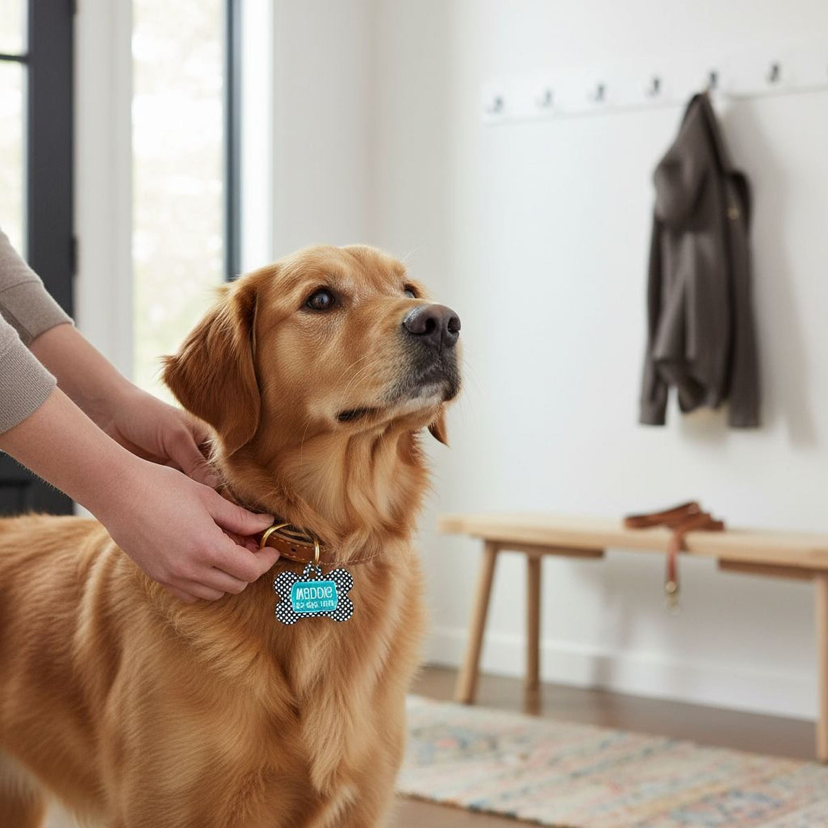Dog wearing a navy bone-shaped ID tag with white dots and a teal nameplate