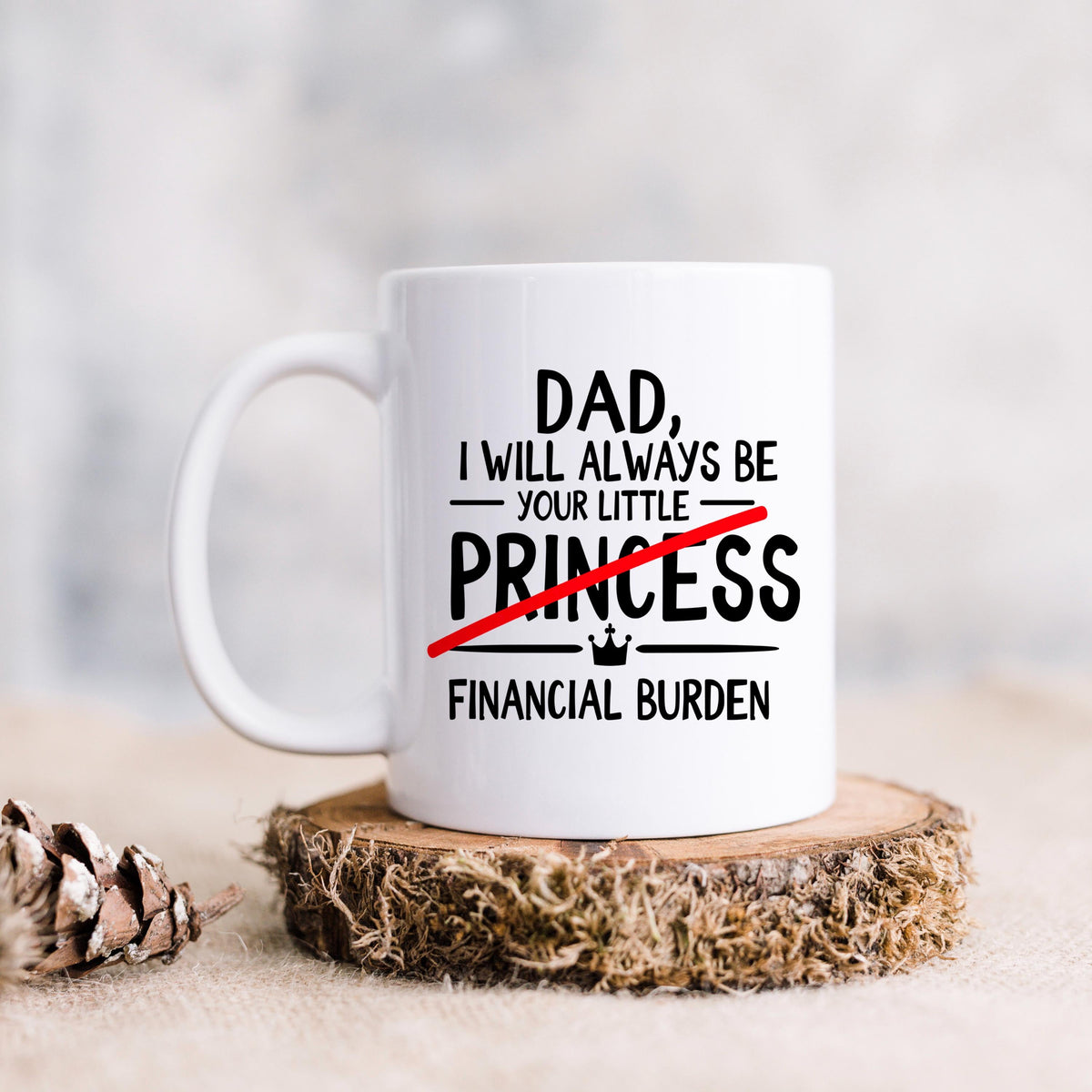 White coffee mug with 'DAD' quote and 'your little PRINCESS' plus 'FINANCIAL BURDEN'