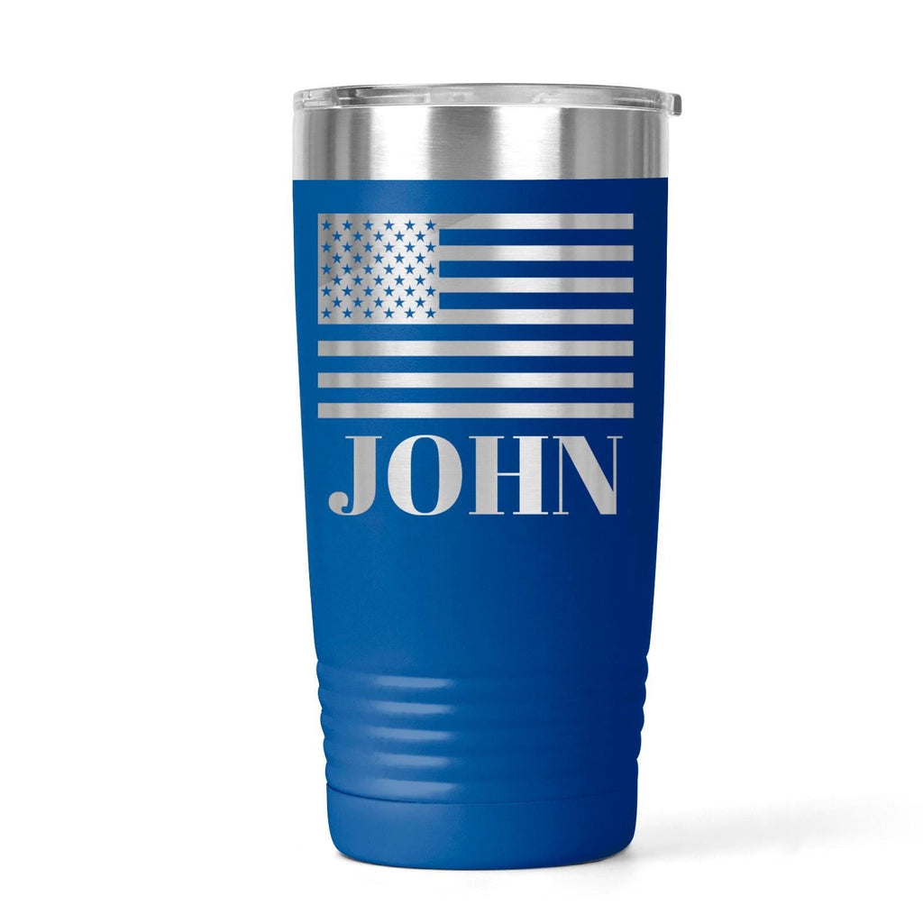 Insulated stainless tumbler with blue patriotic flag wrap and 'JOHN' name