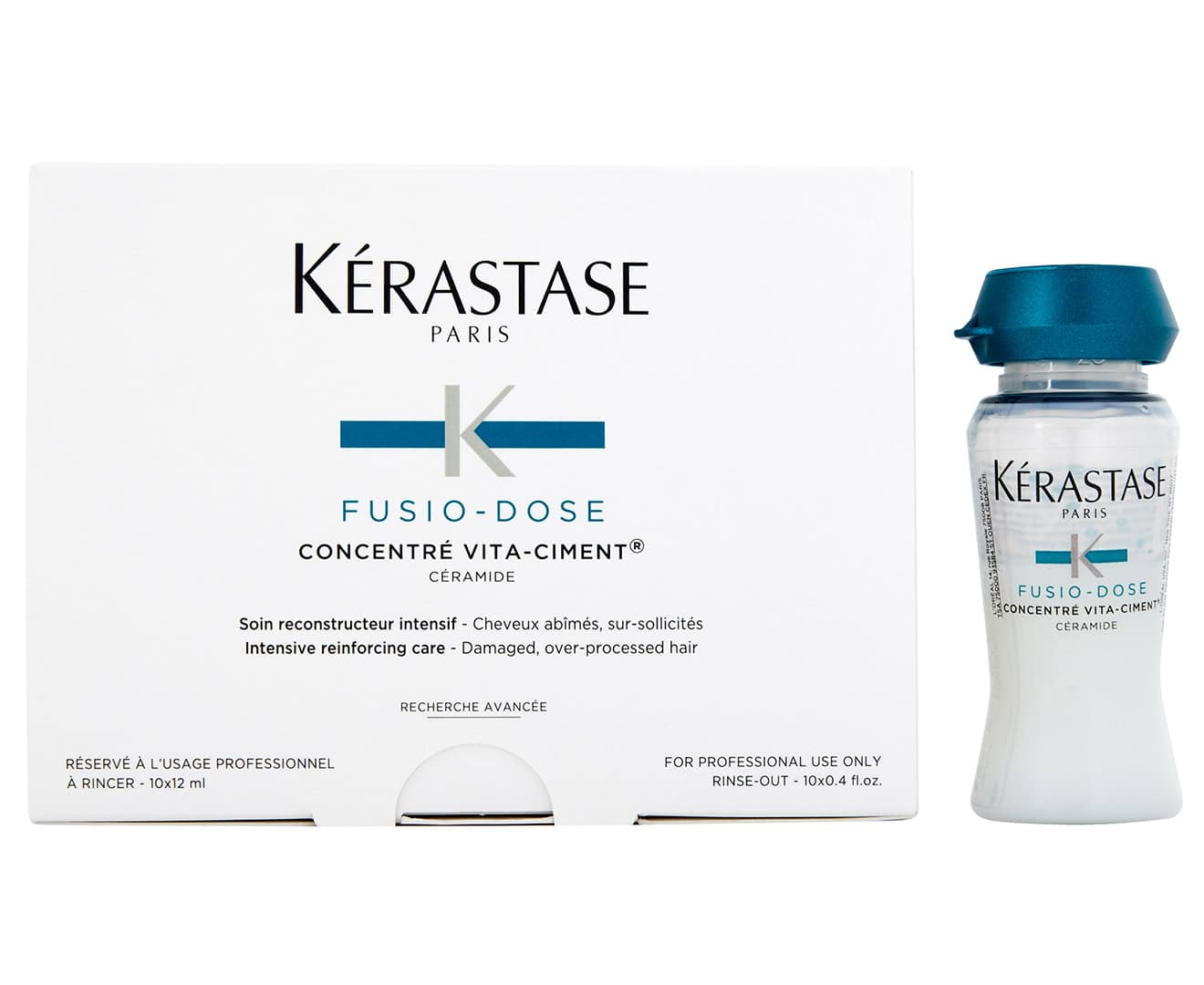 Kerastase Fusio-dose concentrate vial with boxed packaging and blue cap.