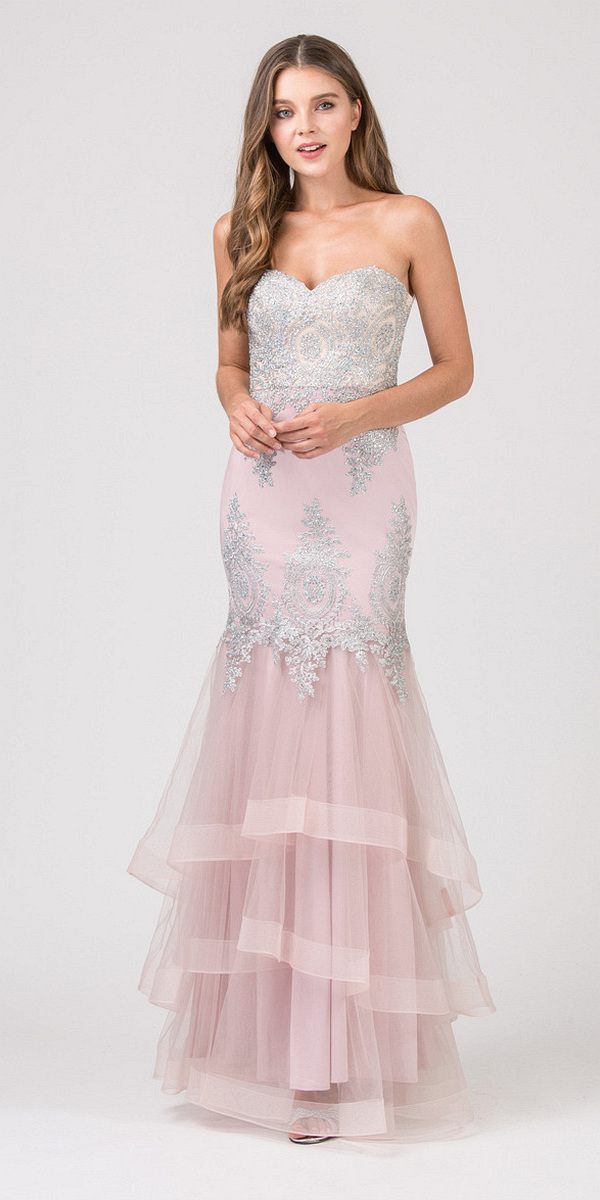 Strapless embroidered gown with layered tulle skirt in pale pink and ivory tones