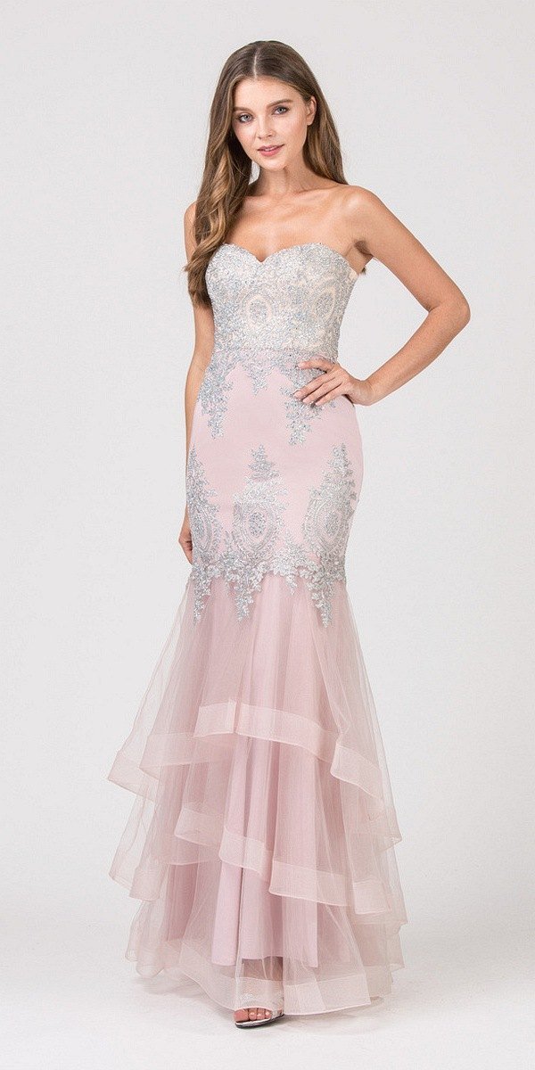 Strapless embroidered gown with layered tulle skirt, pale pink mesh and lace detailing