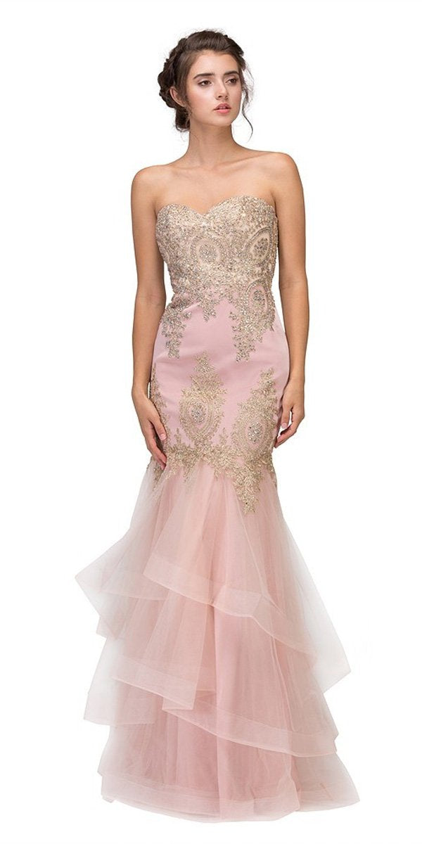 Blush pink strapless embroidered gown with layered tulle skirt and gold lace motifs