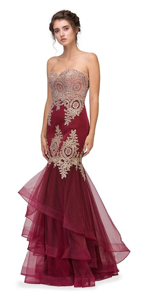 Burgundy strapless embroidered gown with layered tulle skirt and gold floral motifs
