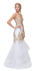 Ivory strapless embroidered gown with layered tulle skirt and lace-like bodice details