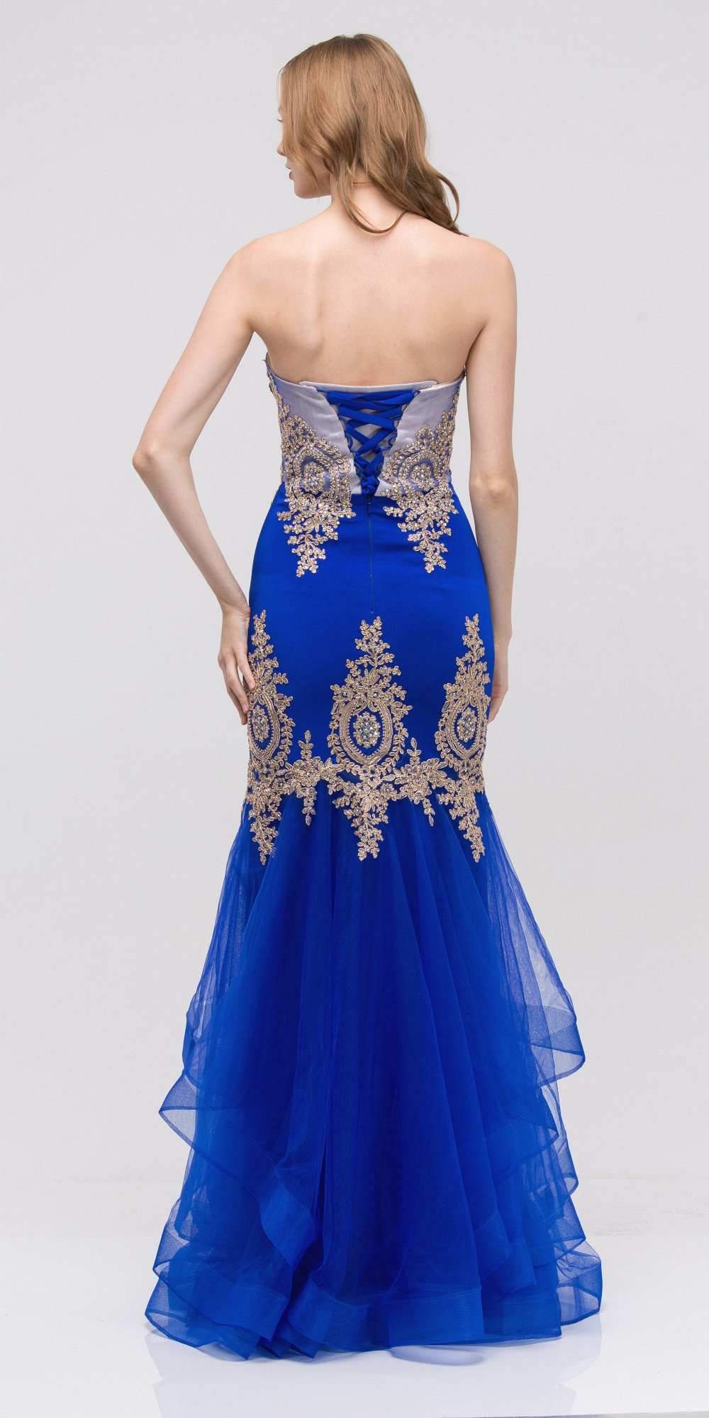 Back view of blue strapless embroidered gown with layered tulle skirt
