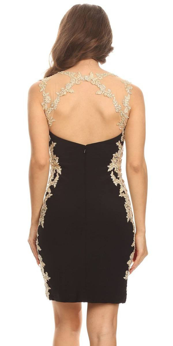 Back of short cocktail dress with sweetheart neckline, black with gold lace applique