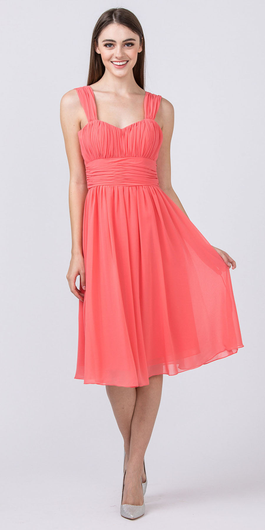 Ruched-bodice short dress, coral sleeveless with gathered waist