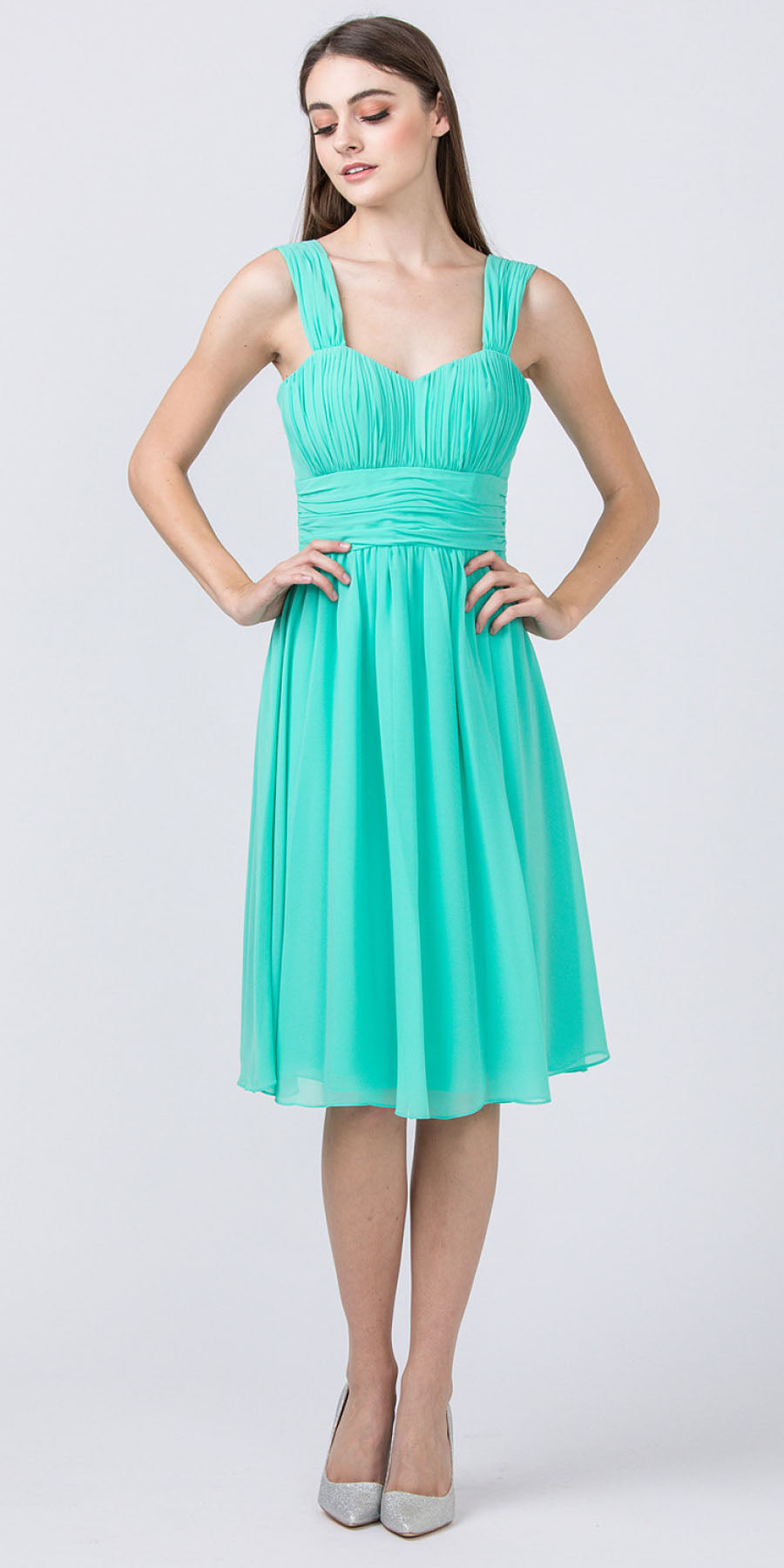 Ruched-bodice short dress, teal sleeveless with gathered waist