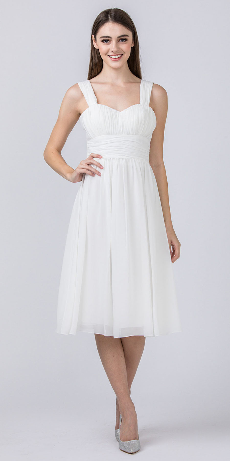 Ruched-bodice short dress, white sleeveless with gathered waist