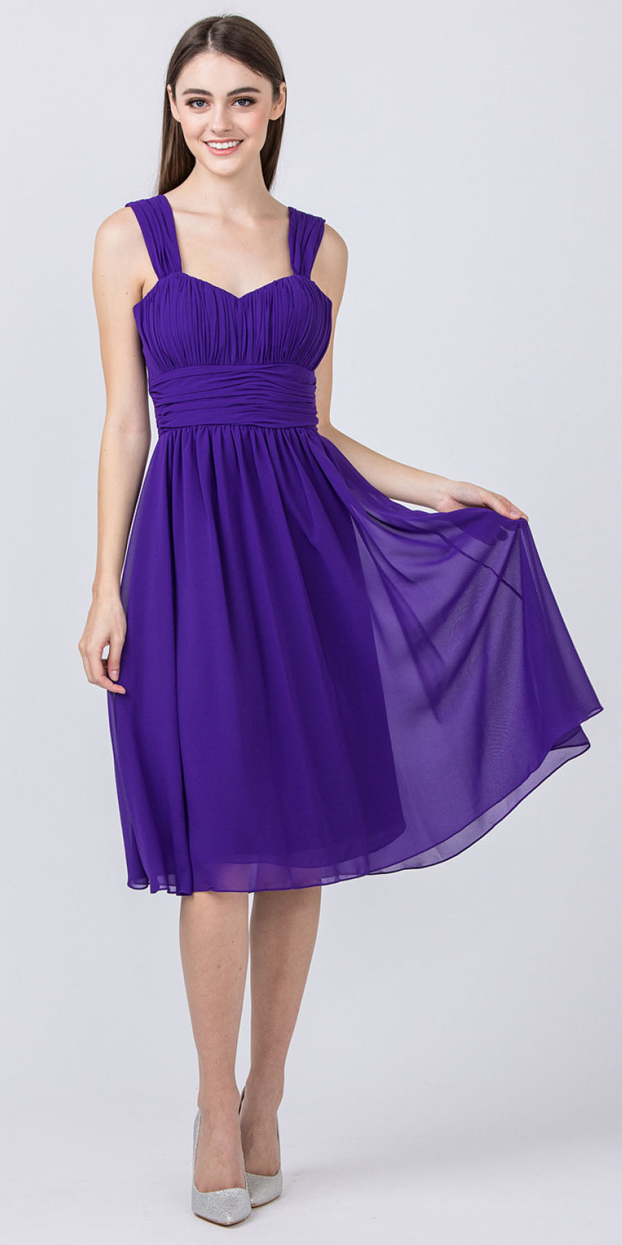 Ruched-bodice short dress, lilac-purple sleeveless with gathered waist